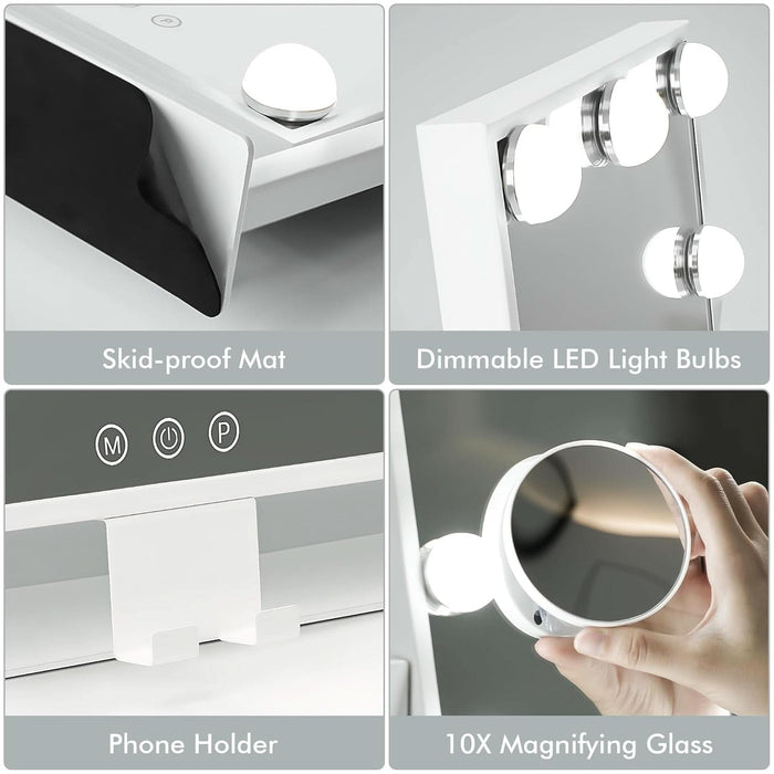 Lighted Makeup Mirror, Hollywood Vanity Mirror with Lights, Three Color Modes, with Detachable 10X Zoom Mirror, Smart Touch Control, Metal Frame, 360° Rotation（14.1In,White）