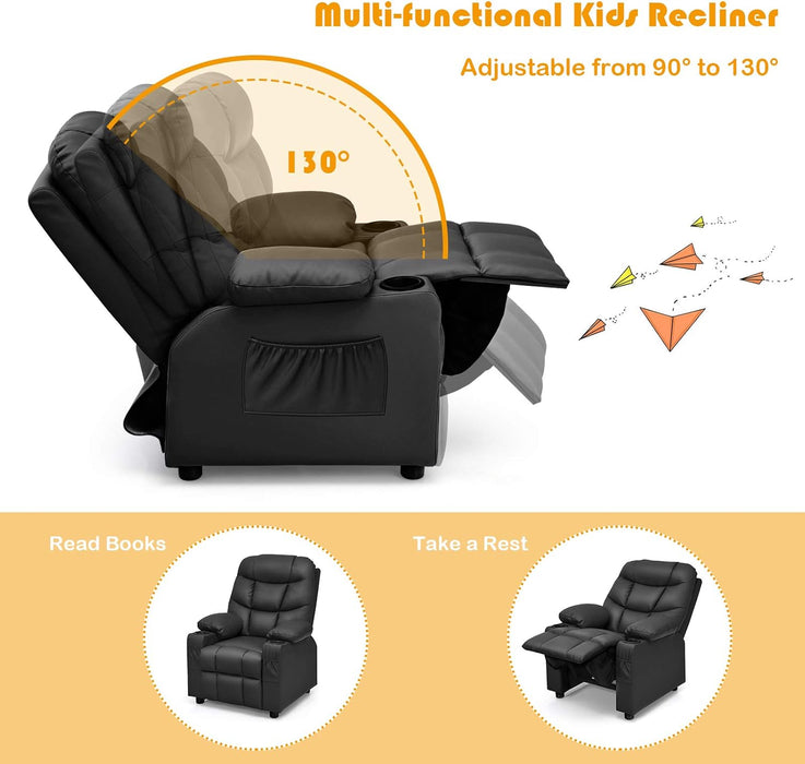 Kids Recliner Chair with Cup Holder, Adjustable Leather Lounge Chair W/Footrest & Side Pockets for Children Boys Girls Room, Ergonomic Toddler Furniture Sofa, Kids Recliner (Black)