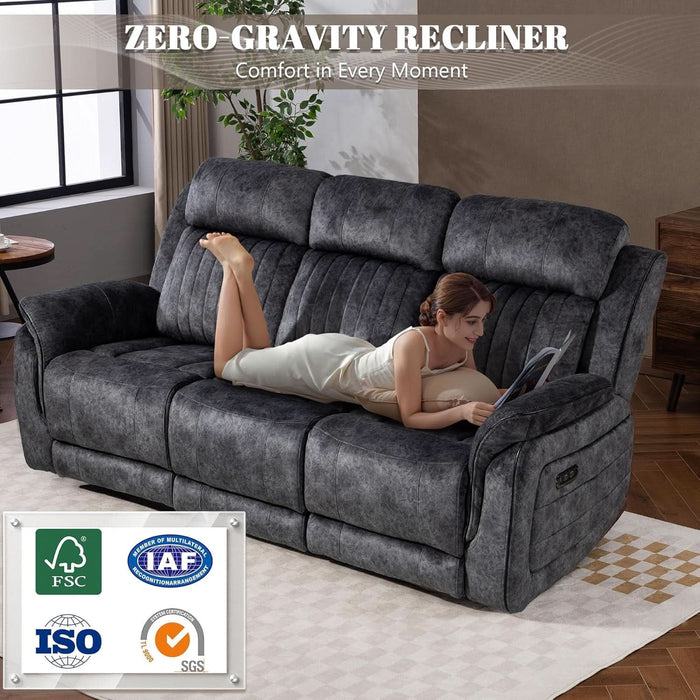 Zero Gravity Power Recliner Sofa Couch – Electric Reclining Sofa with Drop down Table & Wireless Charging, 3 Seater Dual Reclining Couch with Adjustable Headrests for Living Room (Velvet, Grey)