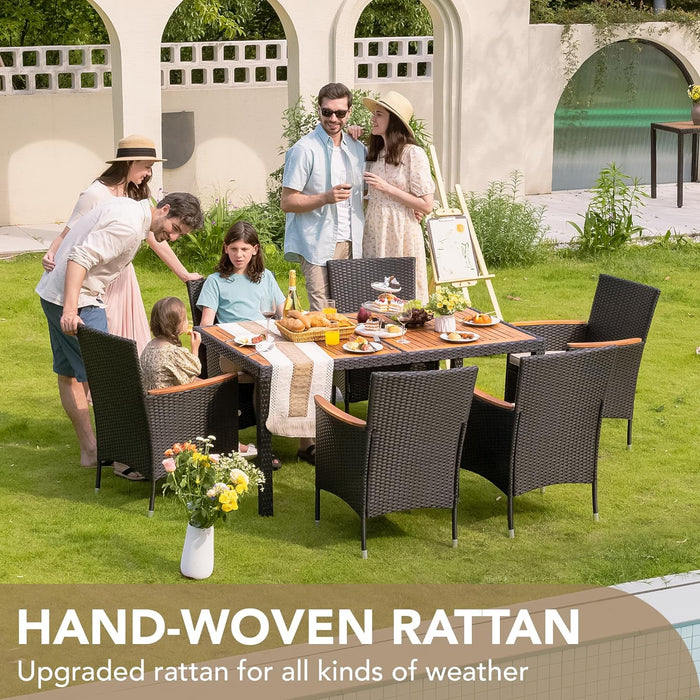 Dining 7 PCS Furniture, Patio Conversation Set with Acacia Wood Table Top, Rattan Outdoor, Black