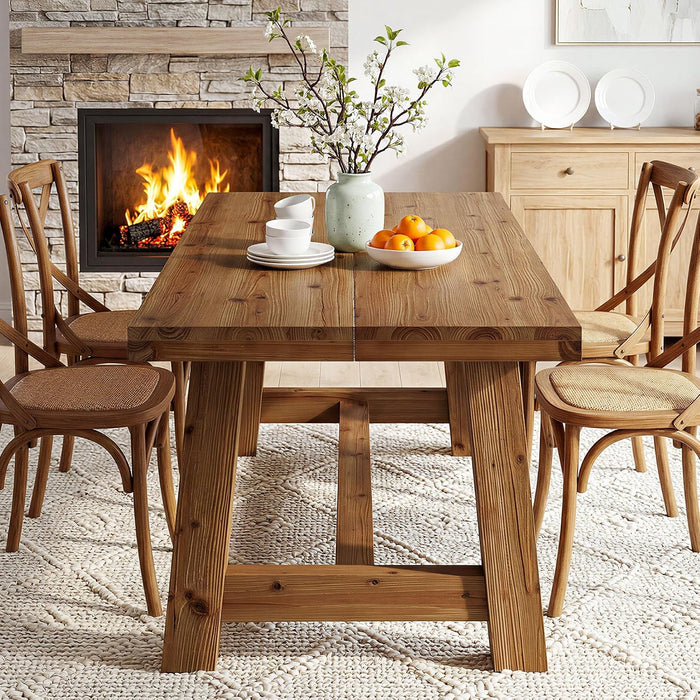 63-Inch Solid Wood Dining Table, Farmhouse Kitchen Table for 4-6 People, Rectangular Wooden Dinner Table with Thick Top & Trestle Base,Natural Wood