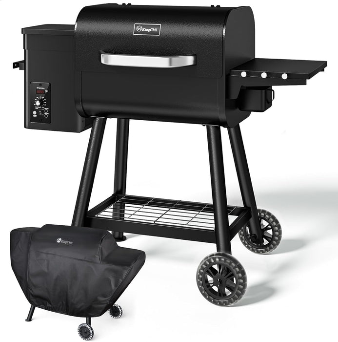 Electric Wood Pellet Grill & Smoker with Side Shelf, 456 SQ.IN Grill Capacity, 11LB Hopper, with PID Temperature Control (180-425°F) for Backyard Camping Bake and Roast, Black with Cover