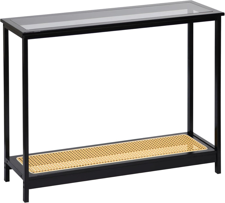 Bamboo Narrow Console Table, 39.4"(L) Wood Small Entryway Table with Rattan and Glass, Accent Slim Hallway Tables, Thin Sofa Side Tables for Hallway, Living Room, Bedroom, Foyer, Black