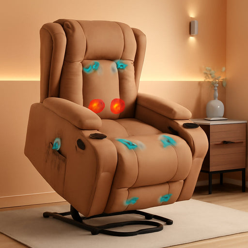 PU Leather Electric Power Lift Chair, Recliner Massage Chair, Adjustable Furniture for Back, Legs W/ 3 Positions, USB Port, Heat, Cupholders, Easy-To-Reach Side Button - Cognac