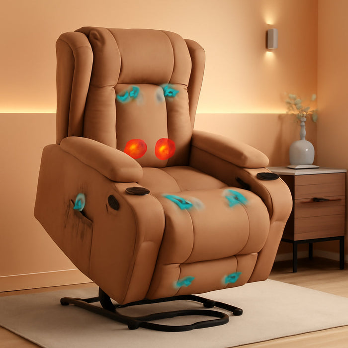 PU Leather Electric Power Lift Chair, Recliner Massage Chair, Adjustable Furniture for Back, Legs W/ 3 Positions, USB Port, Heat, Cupholders, Easy-To-Reach Side Button - Cognac