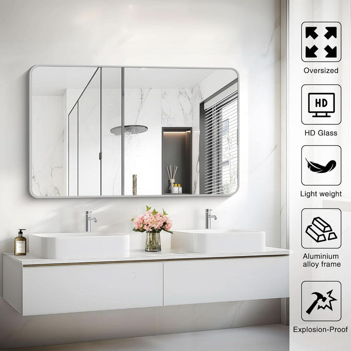 48X30 Inch Silver Bathroom Mirror, Metal Framed Silver Rectangle Mirrors, Rounded Rectangular Vanity Mirror, Wall Mounted Mirrors for Living Room Bedroom Entryway Hangs Horizontal or Vertical