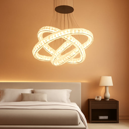 Modern Glam Chandelier Crystal LED Remote Rings Chandelier Adjustable Hanging Ceilings Pendant Lights Fixture Black 16"+24"+32" Rings Lighting