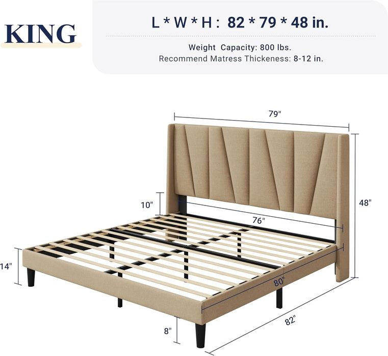 King Size Platform Bed Frame with Geometric Wingback Headboard, Boho Upholstered Bed with Wooden Slats Support, No Box Spring Needed, Easy Assembly, Beige