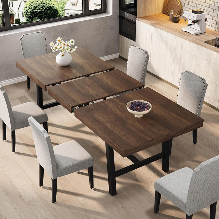 63-83" Extendable Dining Table, Industrial Rectangular Dining Room Table for 6-8 People, Expandable Kitchen Table with Heavy Duty Metal Frame for Dining Room, Kitchen & Parties, Brown