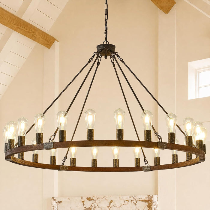 XL Handcrafted MatteBlack Walnut WagonWheel Chandelier