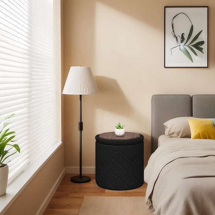 Ottoman with Stroage, Boucle round Storage Ottoman with Tray,Foot Rest Stool for Dorm Room, Living Room Black, 12.99"X12.99"X13.78"