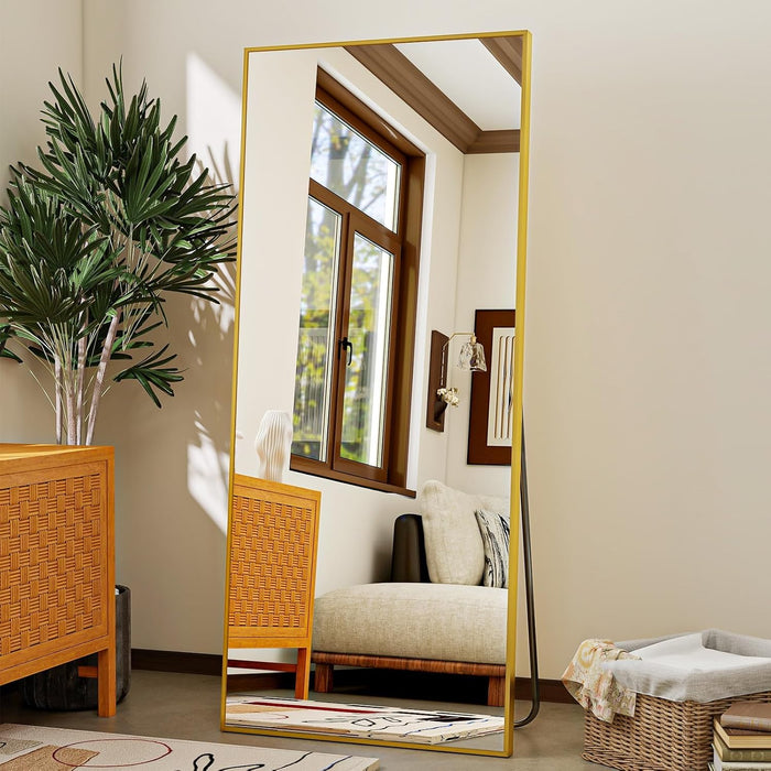 Mirror Full Length - 21" X 57" Floor Mirror with Stand, Aluminum Alloy Frame Full Body Mirror, Standing Hanging or Leaning against Wall for Bedroom and Living Room, Gold
