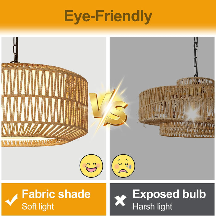 Five Light Rattan Farmhouse Chandelier Linen Shade
