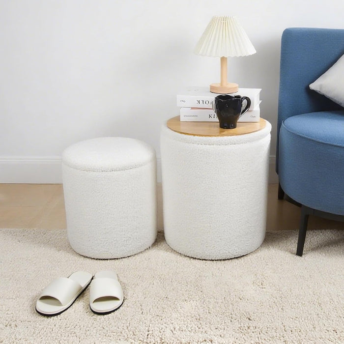 Round Storage Ottoman Set of 2 with Reversible Tray Lid—Multi-Functional Boucle Footrest, Vanity Stool, Sturdy Coffee Table for Living Room, Bedroom, Entryway (White)