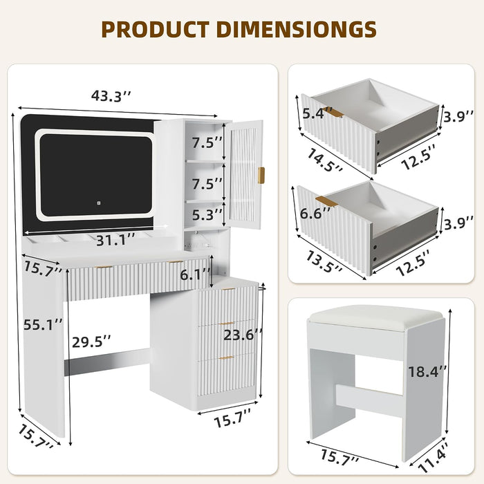 FortyThreePointThreeInch White Vanity Desk With LED Mirror