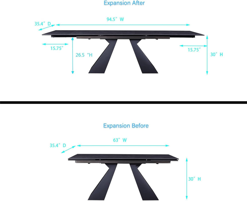 Extendable Dining Table for 8-12 Seat, Flexible Stretch, Tabletop Made from Rock Plate and Tempered Glass, Solid Carbon Steel Base, 35.4" D X 94.5" W X 30" H, Dark Grey