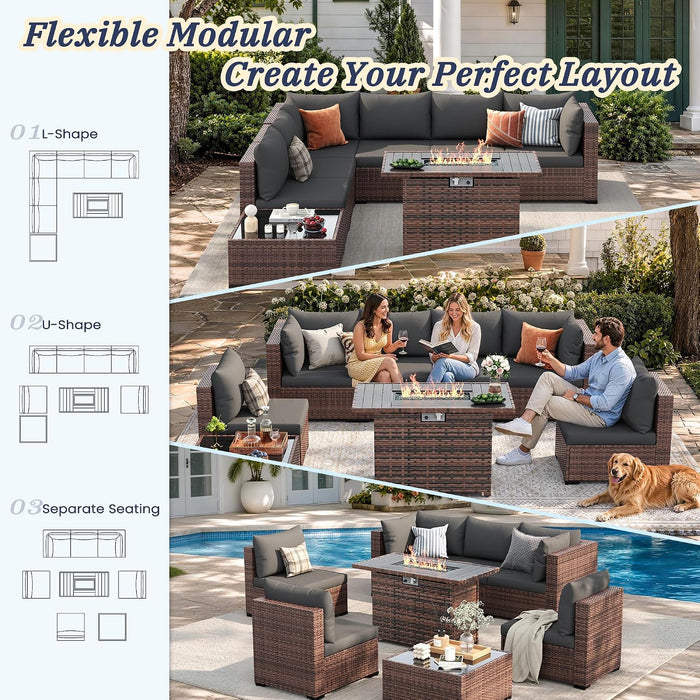 Patio Furniture Set with Fire Pit Table, 8-Piece Wicker Patio Set