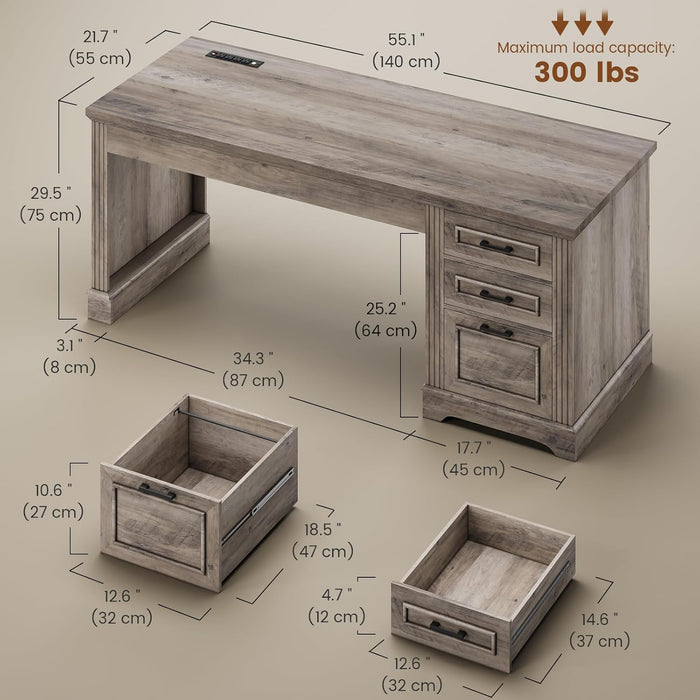 Farmhouse 55" Executive Desk, Computer Desk with Storage Drawers and Power Outlet, Home Office Desk, Workstation for Office Home, Grey