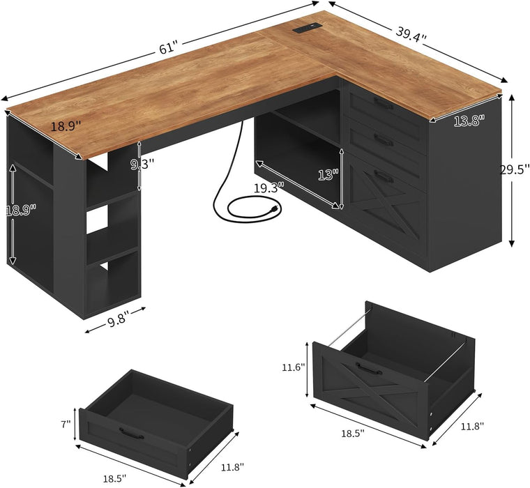 Farmhouse L Shaped Computer Desk with Drawers, Power Outlet for Home Office