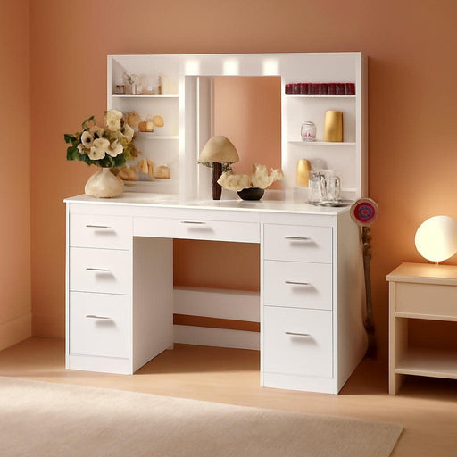Vanity Desk with LED Lighted Mirror&Power Outlet, 3 Model Lights Makeup Vanity Table with 7 Drawers and 6 Storage Shelves for Bedroom and Dressing Room (White)