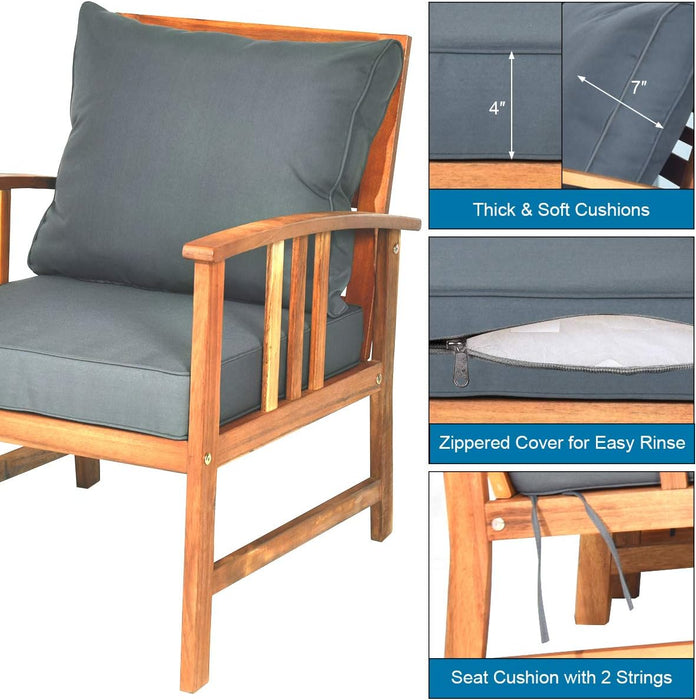 4 Pieces Acacia Wood Patio Furniture Set, Outdoor Seating Chat Set with Gray Cushions & Back Pillow, Conversation Set with Coffee Table, Ideal for Garden, Backyard, Poolside