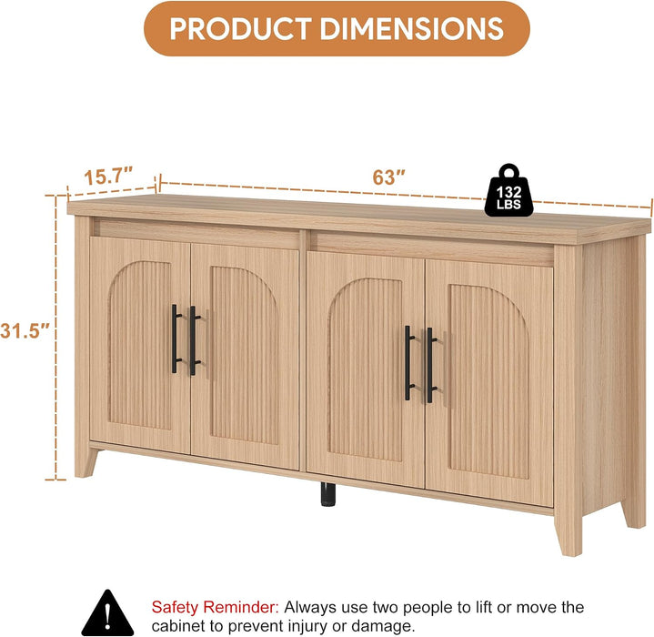 63" Fluted Sideboard Buffet Cabinet with Storage, Mid Century Modern Wood Arched Credenza, 4 Door Accent Console Table for Dining Room, Kitchen, Coffee Bar, Natural
