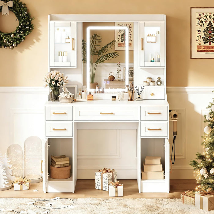 Vanity Desk with Mirror and LED Lights & Power Outlet, Large Makeup Vanity Table with 5 Drawers and 4 Storage Cabinets, White Dressing Table for Bedroom