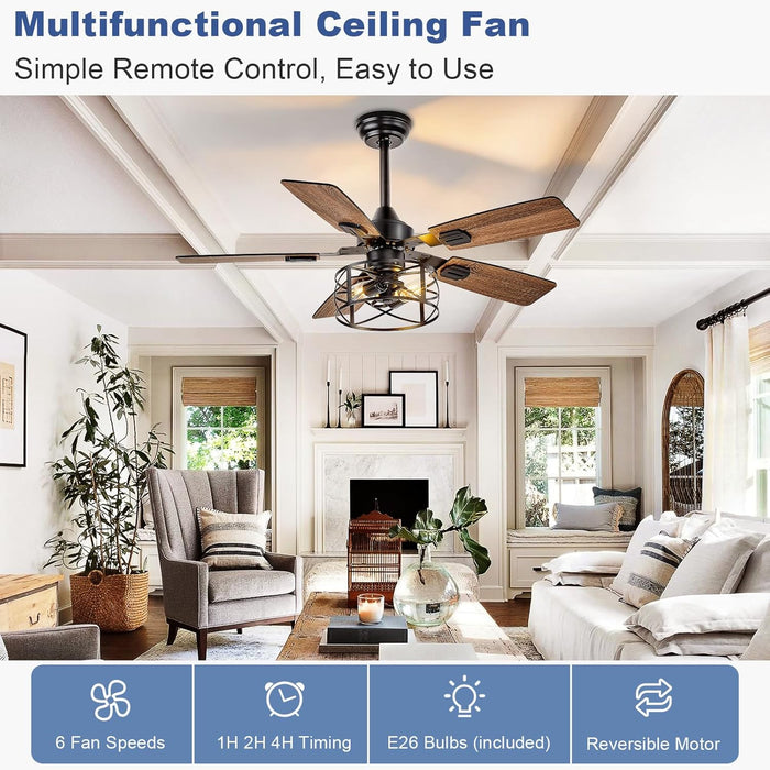 42-Inch Ceiling Fans with Lights: Caged Ceiling Fans Dual Finish 5 Blades - Rustic Ceiling Fan with Remote Control for Farmhouse Living Room Outdoor Porch (E26 Bulb Included)
