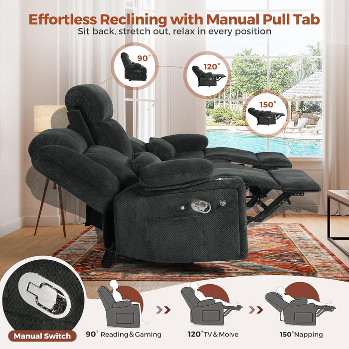 3 Seater Recliner Sofa, Manual Reclining Couch with Flip Middle Backrest, Phone Holder, Side Pocket, Drawer, Power Outlet, Reclining Sleeper for Living Room, Home Theater & RV (Textile - Gray)