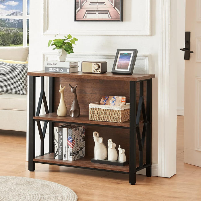 Bookshelf, 3-Tier Rustic Short Bookshelf, Industrial Shelf Bookcase with Engineered Wood Shelves, Low Bookcase with Storage, Small Shelf for Living Room, Bedroom and Office, Rustic Brown