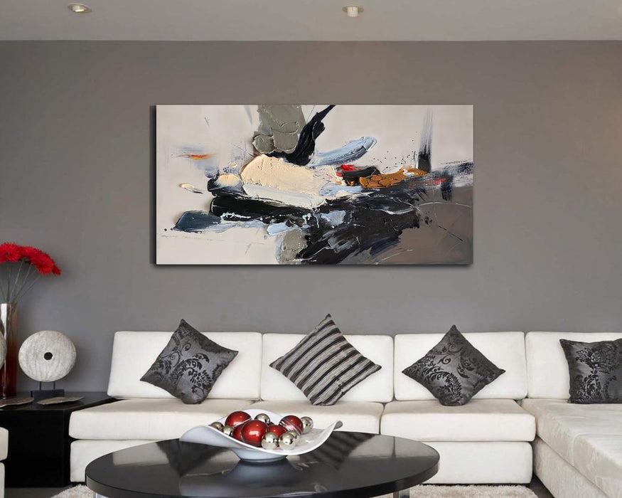 Abstract Canvas Wall Art Textured Extra Large 58“X29” Framed- Black Beige Brush Strokes Painting, Modern Splatter Artwork for Living Room Bedroom Home Office Luxury Wall Decor