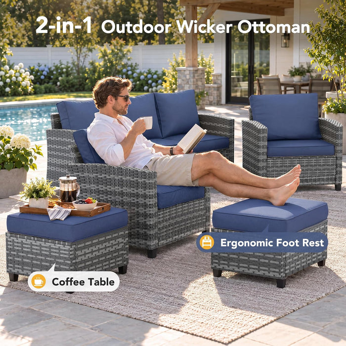 6 PCS Patio Furniture Set with Fire Pit,Rattan Patio Set,Navy Blue