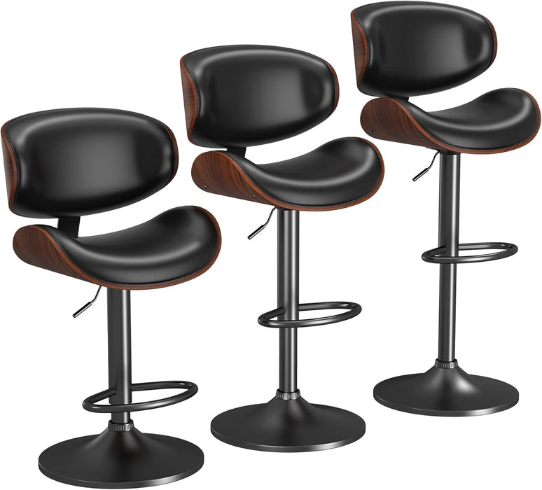 Bar Stools Set of 3, Barstools for Kitchen Island with Bentwood Back and Leather Seat, Swivel Stools for Kitchen Counter, Bar, Pub, Black