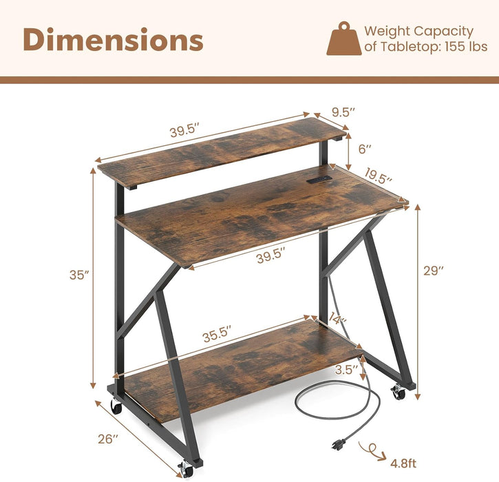 Rolling Computer Desk with Charging Station, Mobile Portable Laptop Desk with Monitor Stand & Storage Shelf, Small Desk with Lockable Wheels for Small Spaces, Home Office (Rustic Brown)