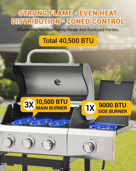 40,500 BTU 3-Burner Propane Gas Grill with Side Burner,Stainless Steel Outdoor BBQ Grill Portable with Wheels and Cast Iron Grates for Patio Garden Barbecue Cooking