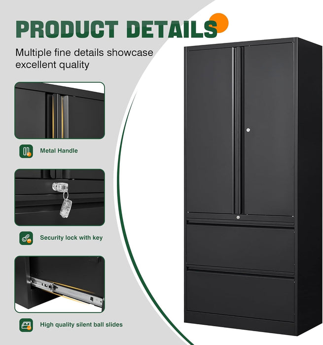 File Cabinet for Home Office, Metal Storage Cabinets with Adjust Shelves and Lock,2 Drawers Filing Cabinets-Hang Legal/Letter/A4/F4 Size Filing-Black