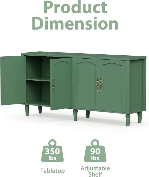 63" Sideboard Buffet Cabinet, Mid Century Modern Credenza Storage Cabinet with Carved Handle & Adjustable Shelves, Buffet Table Kitchen Coffee Bar for Living Room Dining Room - Green
