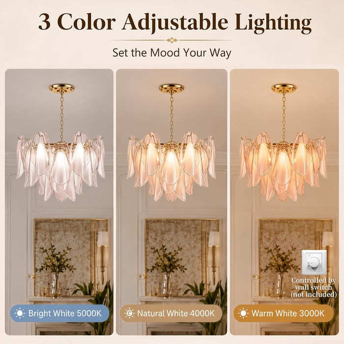 Modern Chandelier, 20" Gold Dining Room Chandelier with Handcrafted Glass Petal Design, 6-Light Hanging Ceiling Light Fixture, 3 Color Adjustable Pendant Lamp for Kitchen Island, Bedroom, Foyer