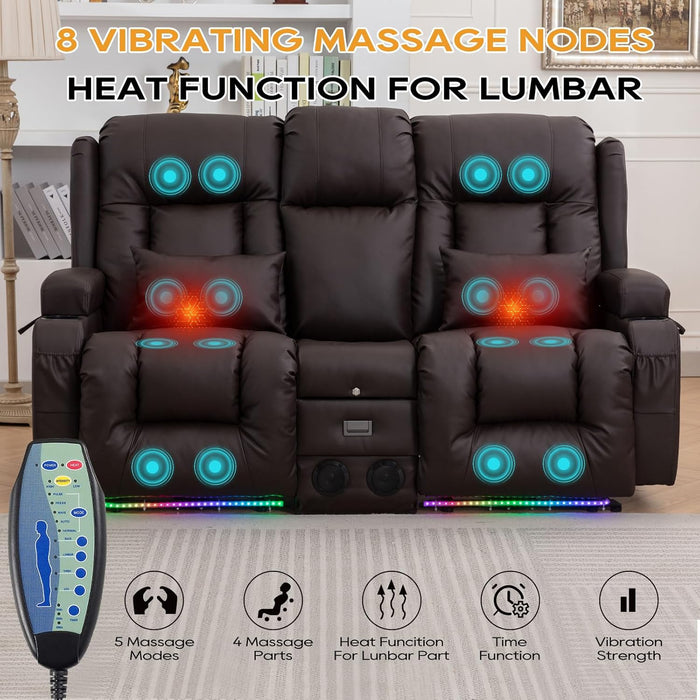 Power Loveseat Recliner Sofa, Home Theater Seating with Console, PU Leather Reclining Sofa with 4 Colors LED Lights, AC Outlets, USB-A/C Ports and Cup Holders(Brown, 2-Seater) | Electric Control, Bluetooth Speaker, Vibration Massage, Waist Heating, 4 Colors LED Strips, Charging Interface