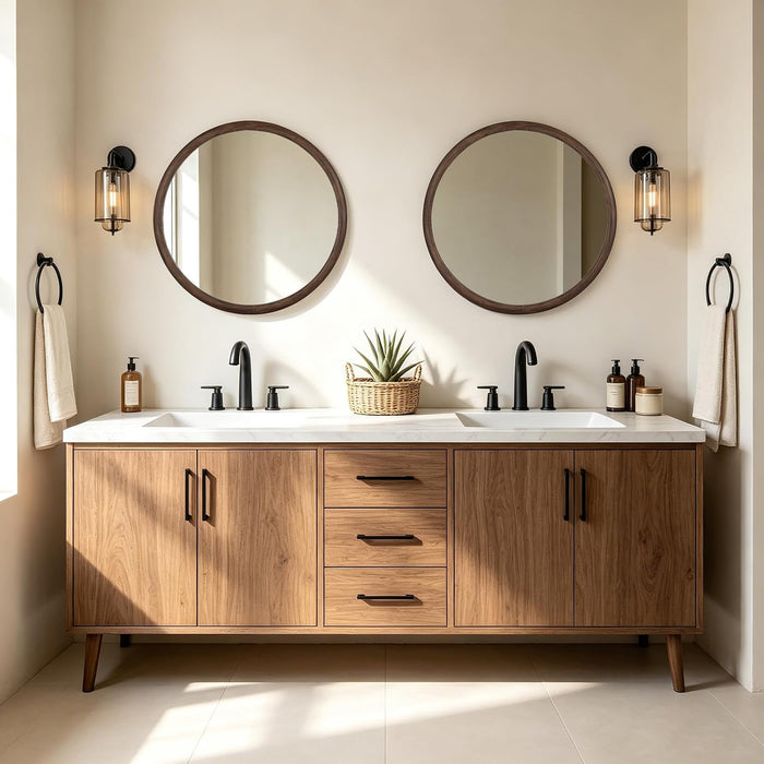 24 Inch round Mirror, Walnut Wood-Grain Foil Finish Circle Mirror for Bathroom, Entryway, Living Room, Bedroom and Vanity Decor