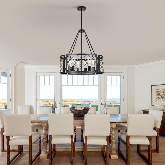 6-Light Farmhouse Chandelier Black Drum Pendant Light