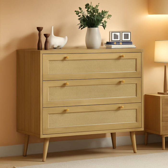 3 Drawer Rattan Dresser for Bedroom, Modern Wooden Dresser Chest with Handles for Bedroom, Hallway and Living Room, Wood Oak