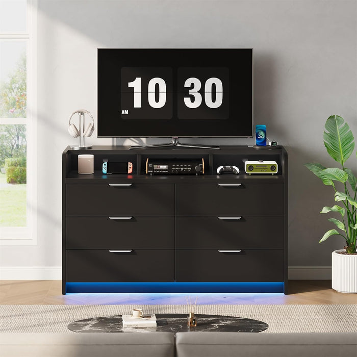 53'' Wide 9 Drawer Dresser for Bedroom, Wood TV Stand Dresser with Power Outlets & LED Light, Chest of Drawers Closet Store Organizer for Living Room, Hallway, Black