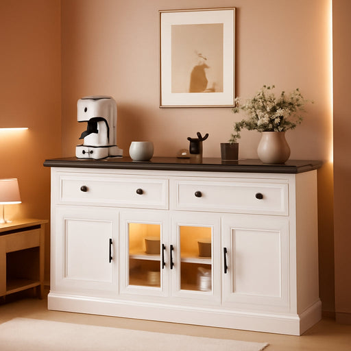 63'' Sideboard Buffet Cabinet with Power Outlet, Antique White