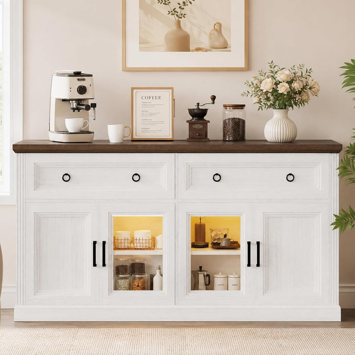 63'' Sideboard Buffet Cabinet with Power Outlet, Antique White