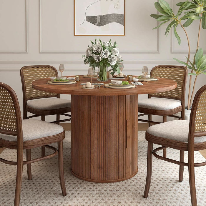 47 Inch round Dining Table for 4, Kitchen Table Dinner Table with 2-Layer Storage Shelf and Wood Slide Door for Home Dining Room Living Room (Walnut)