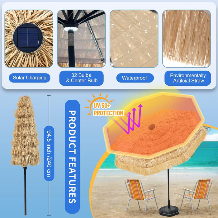9 FT Solar Thatch Tiki Umbrella, Hawaiian Style Straw Umbrellas with Zinc Alloy Push Button Tilt, UPF 50+ Patio Umbrella,Outdoor Umbrella with 32 LED Lights for Beach, Pool,Garden