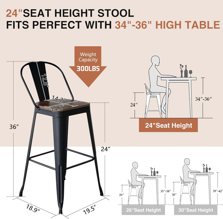 24 Inch Bar Stools Set of 4, Industrial Counter Height Barstools High Back Metal Bar Stools with Large Wood Seat Bar Chairs for Kitchen Island (24 Inch, Black)