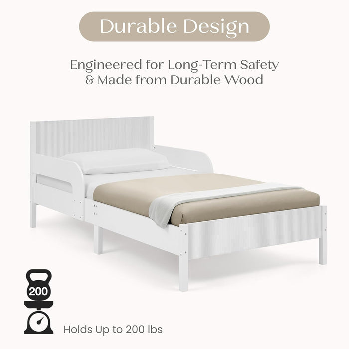 Cora Wood Twin Bed with Removable Guardrails - Wood Twin Bed with Slats Supports for Girls & Boys Teens, No Box Spring Needed, White Oxford Stripes
