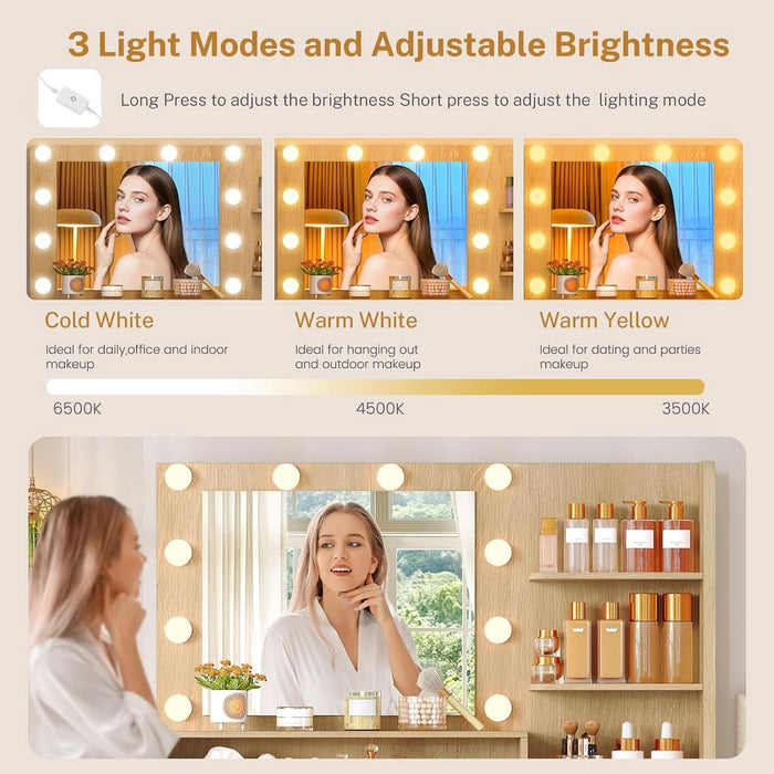 Fluted Vanity Desk with Mirror and Adjustable LED Lights, Makeup Vanity with 5 Drawers & Storage Shelves, 3 Color Modes & Adjustable Brightness, Vanity for Girls, Natural Oak
